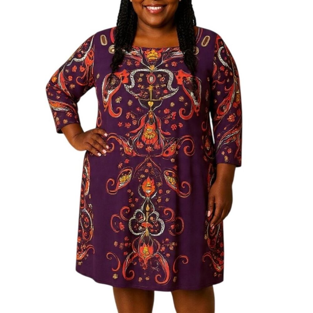 Maria Gabrielle Plus Size 2X Dress Vintage-Inspired Bohemian Paisley Print